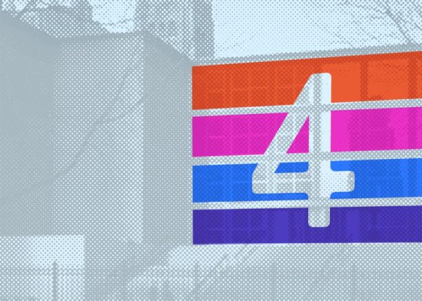 A blue-scale image of the MCA exterior with the four floors highlighted in four different colors with the number 4 cut out from the middle