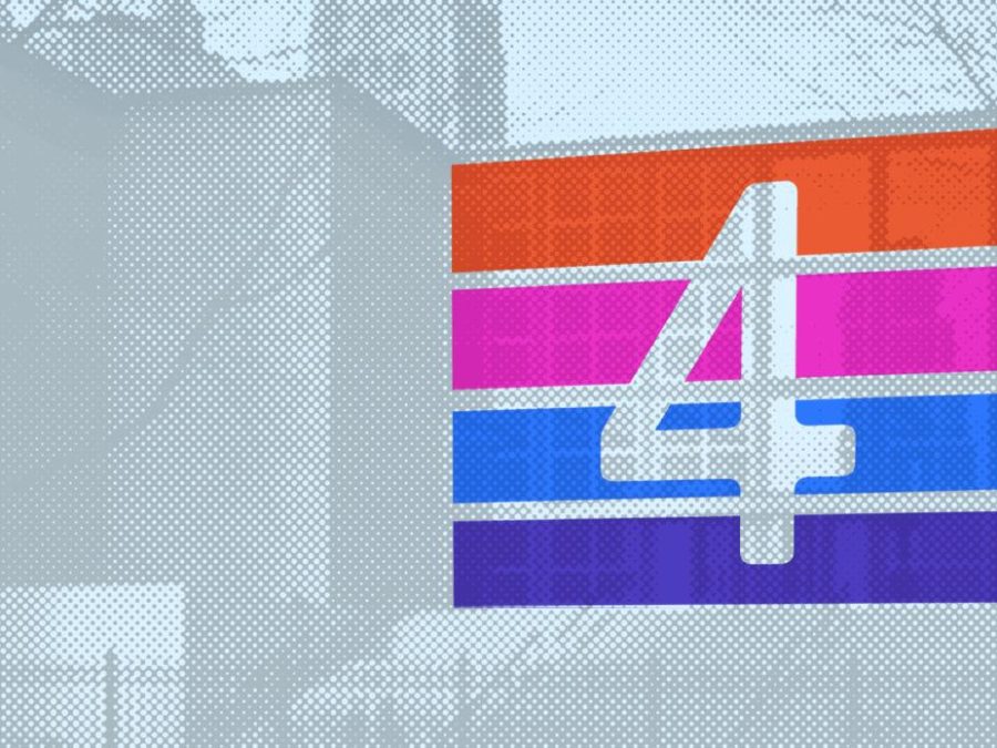 A blue-scale image of the MCA exterior with the four floors highlighted in four different colors with the number 4 cut out from the middle