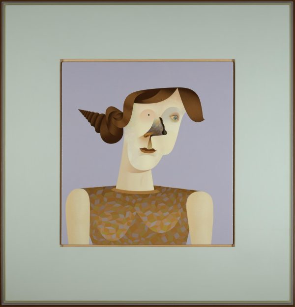 In this painted portrait of a light-skinned woman, one eye is a black dot, a black squiggly line forms the ridge of a dark patterned nose, and her brown hair is done up in a bun that twists to a point, reminiscent of a conch shell.