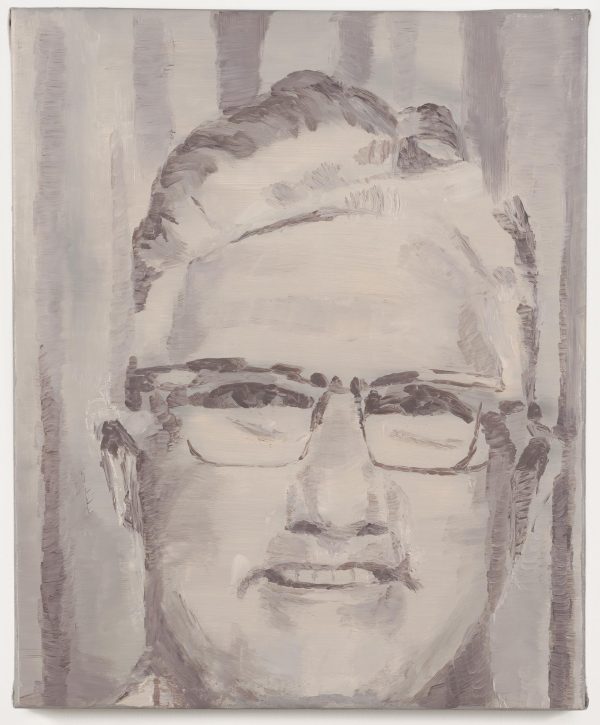 A greyscale portrait painting shows a light-skinned person with short hair and glasses.