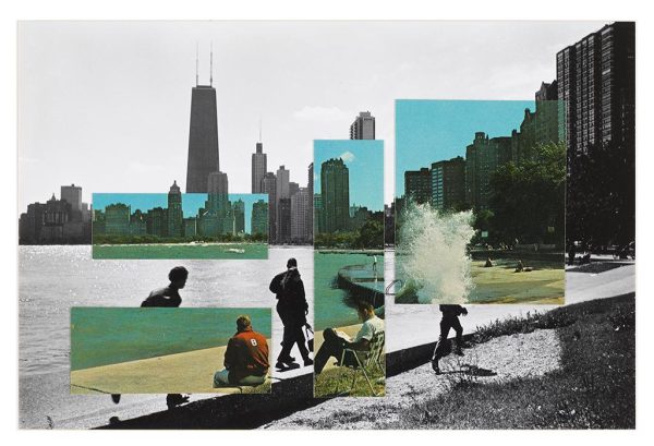 A black-and-white photo of the Chicago skyline from the north shore of Lake Michigan is overlaid with rectangular color image fragments of the same view. The color images add and subtract people from the lakefront view.