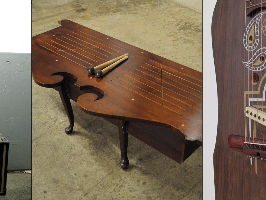A triptych of photographs shows three musical instruments that have been changed into sculptural objects or furniture.