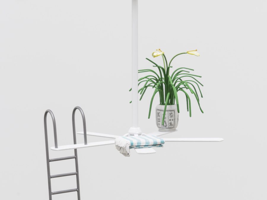 This is a miniature sculpture of a ceiling fan. On three of the fan blades sits three objects: a potted plant, a folded striped linen, and a pool ladder.