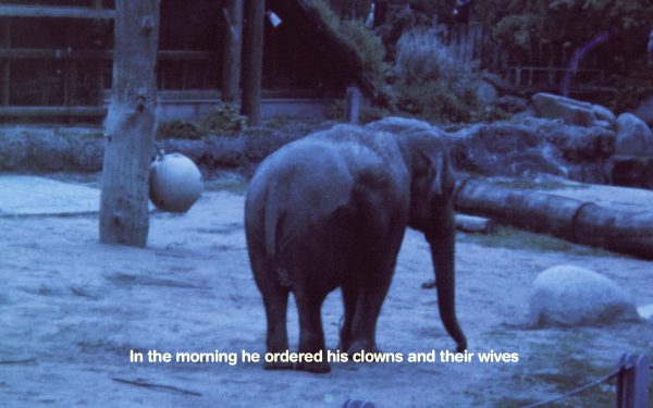 A blue filtered image of an elephant with white text on the bottom reading In the morning he ordered his clowns and their wives