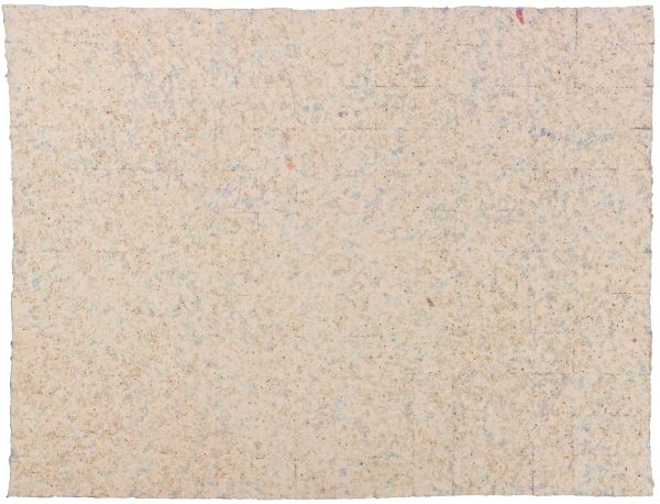 A primarily beige-looking canvas is actually composed of many small dots of light blues, pinks, oranges, and purples.