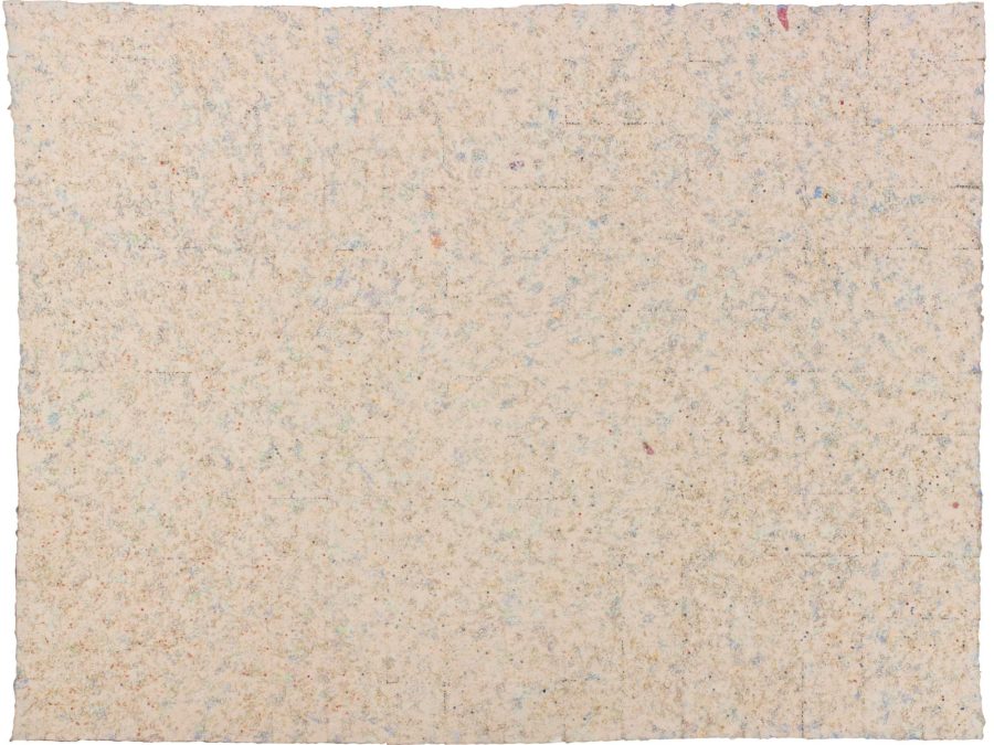 A primarily beige-looking canvas is actually composed of many small dots of light blues, pinks, oranges, and purples.