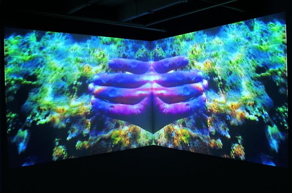 A screen shows a projected image of an underwater scene with fingers in the center. The image is mirrored along the vertical plane.