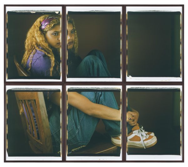 A two-by-three segmented portrait of a female-presenting person sitting on a wooden chair, their knees pulled in close to their body