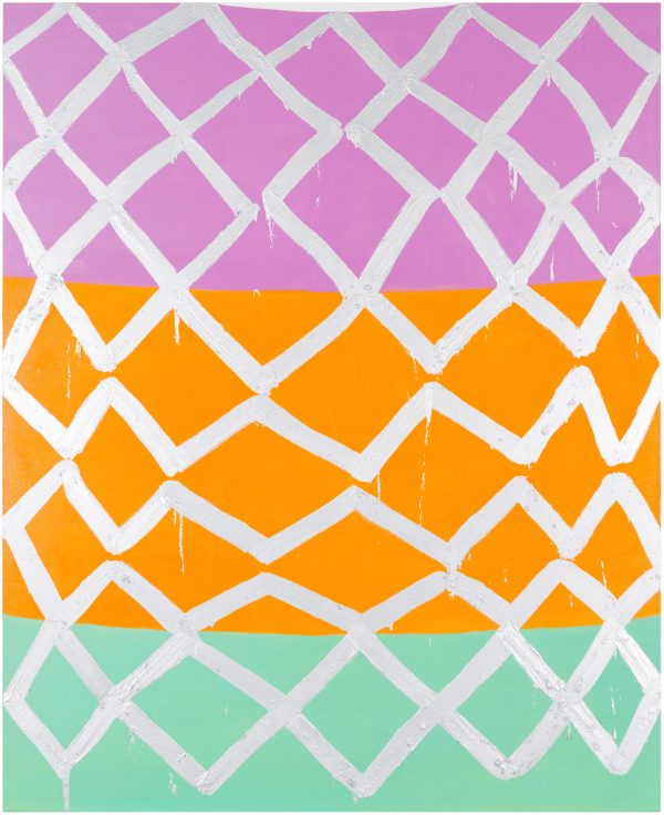 A triangular grid of irregular white lines is painted over three vertically stacked fields of flat color. From top to bottom, the color fields are lilac, orange, and sea-foam green.
