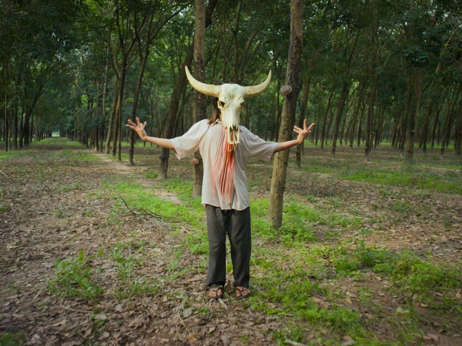 A person with a cow skull for a head stands in a forest, wearing a white shirt streaked with red and with arms outstretched.