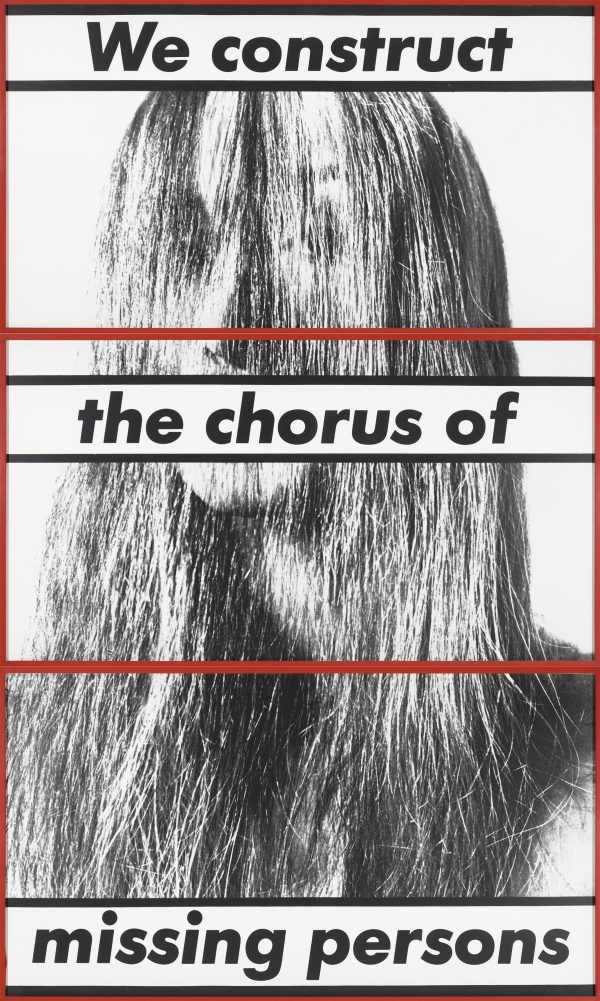 A black and white image of a person with long hair that partially obscures their face appears in three parts framed in red. Over the image, three white bands of black text together read We construct the chorus of missing persons.