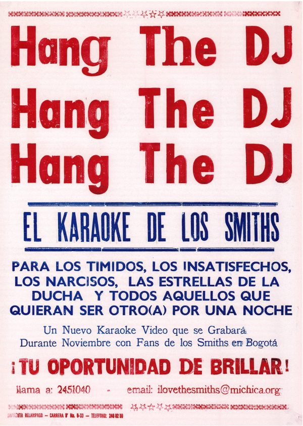 Poster with red text reading Hang the DJ repeats three times and blue text reading El Karaoke de Los Smiths is emphasized by two blue lines. Additional information appears in blue and red text.