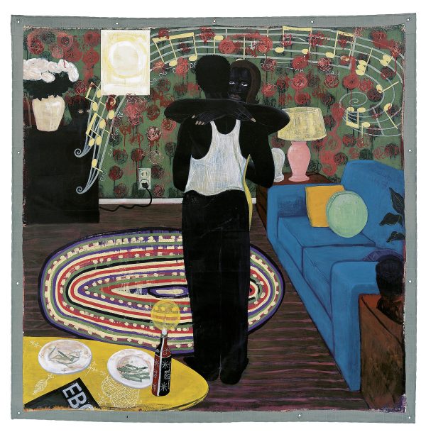 Painting of two people with dark skin hugging in the middle of a living room with a musical bar of notes above them