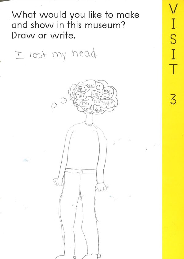 Scanned page from a children's activity book shows a pencil drawing of a person with words in his/her head, in response to the prompt: 