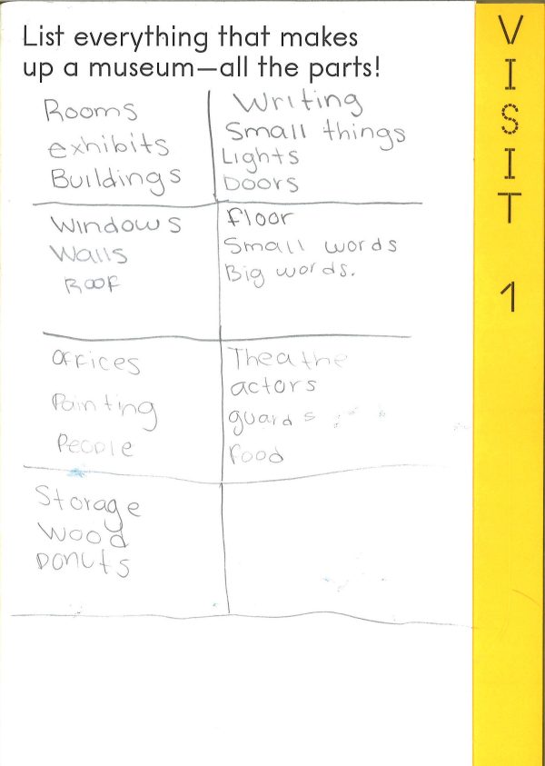 A page of a child's activity book displays handwritten answers to the prompt 
