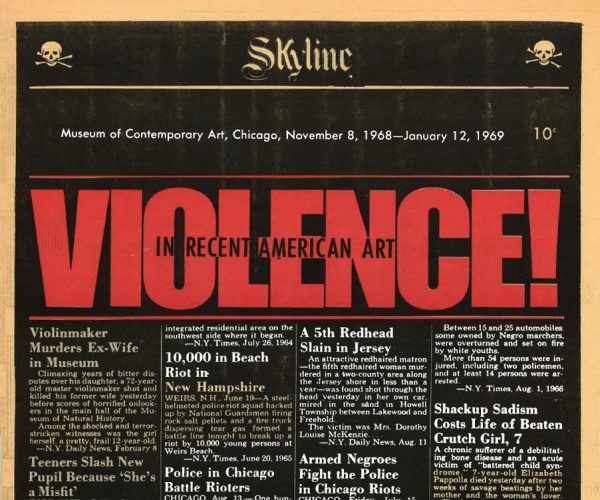 The front page of Skyline newspaper with Violence! in big, bold red text at the top and four columns of information below it