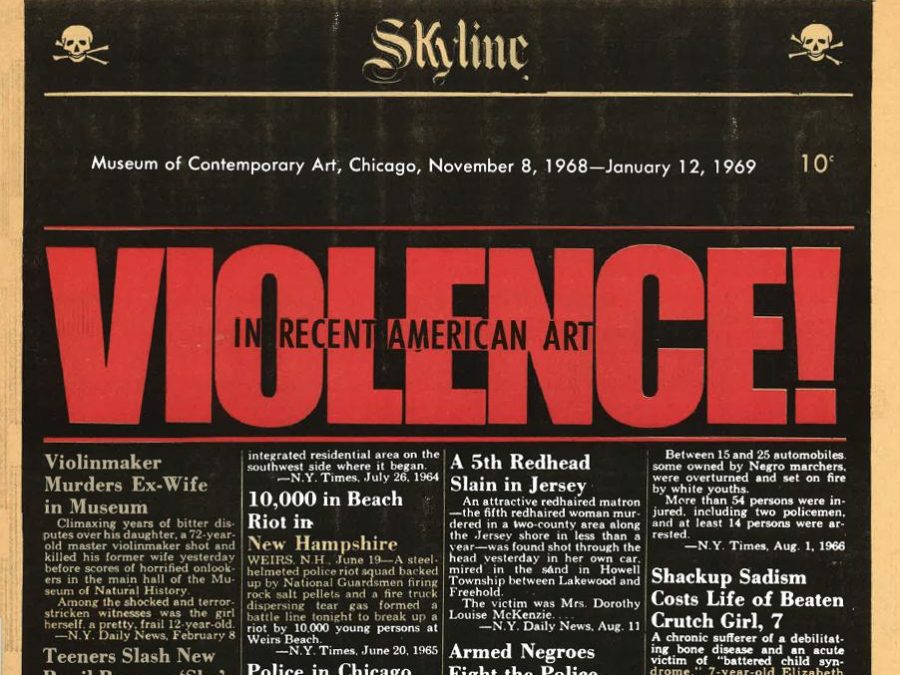 The front page of Skyline newspaper with Violence! in big, bold red text at the top and four columns of information below it