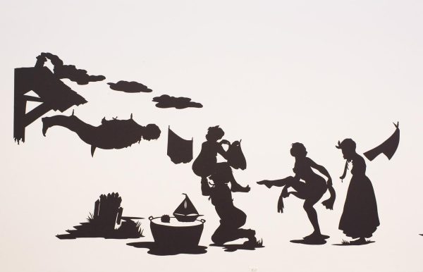 A black-and-white silhouette scene featuring three people near a body of water with a sailboat in the distance