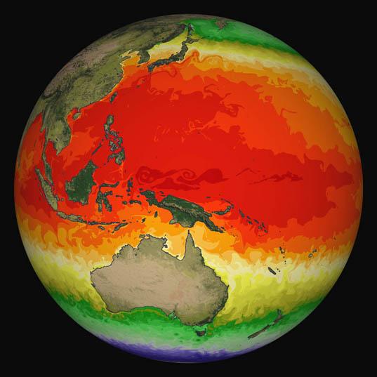 Heat map of the Earth with a band of red in the middle then yellow and green as you move toward the two poles