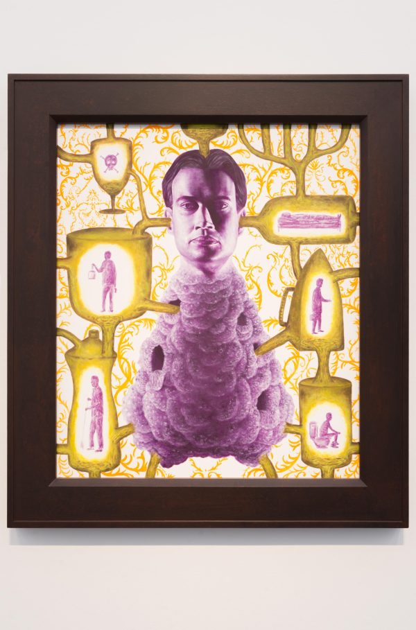 A surreal painting shows a purple human head attached to a yellow hive-like structure.
