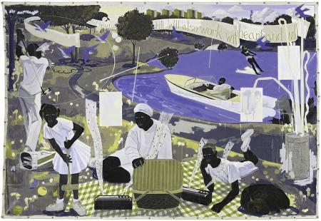Image of a painting on stretched canvas hung by grommets that depicts a black family having a picnic in a park with others boat skiing and golfing in the background with the city seen in the distance.