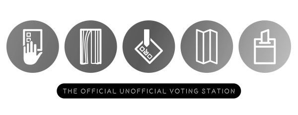 Five grey-and-white icons depict the process of voting.