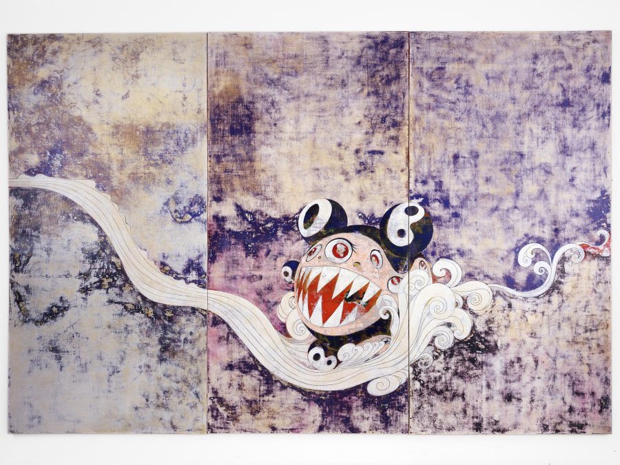 A horizontal expanse of abraded blues, purples, and beige, across which a stylized white stream meanders. A red, white and blue bulbous creature wtih jagged white teeth and resembling Mickey Mouse appears to ride the currents of the stream.