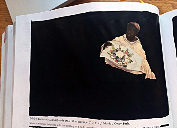An image that has mostly been painted black, accentuating a dark-skinned figure holding a basket of flowers