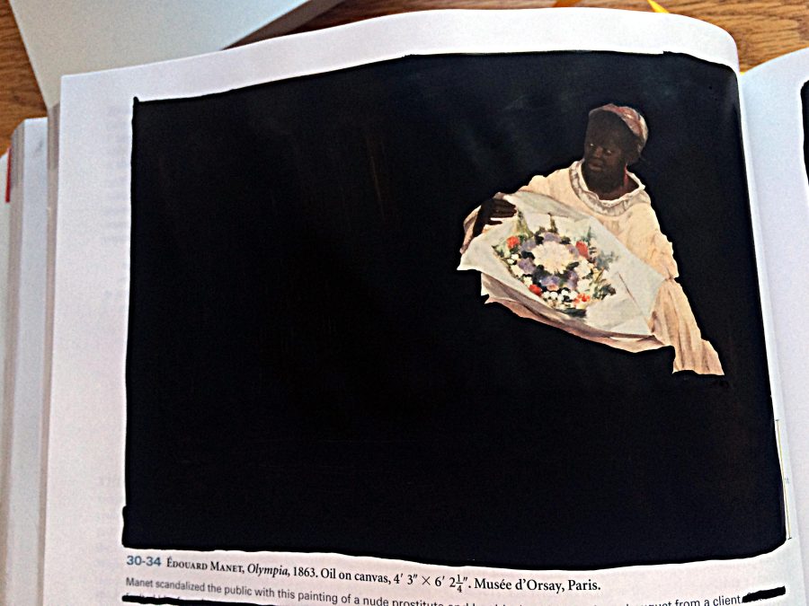 An image that has mostly been painted black, accentuating a dark-skinned figure holding a basket of flowers