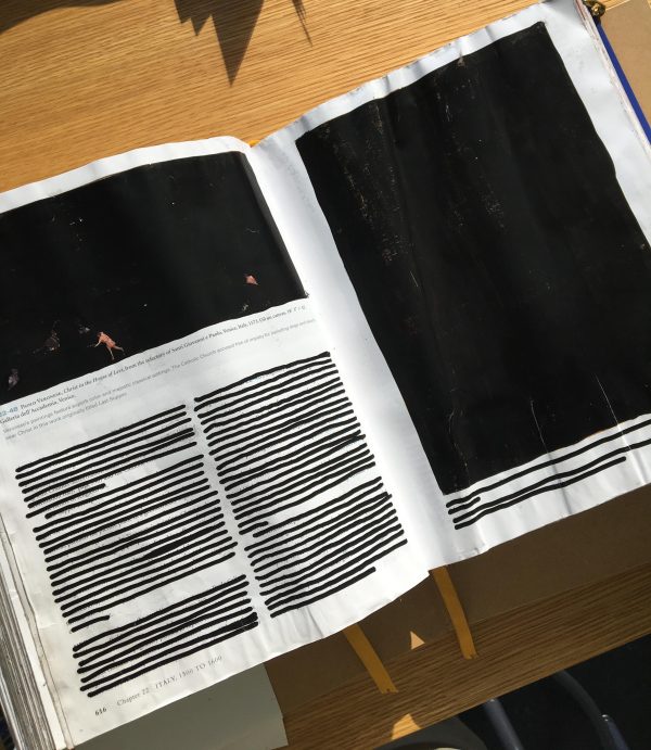 Two pages of a book that had its images and text redacted