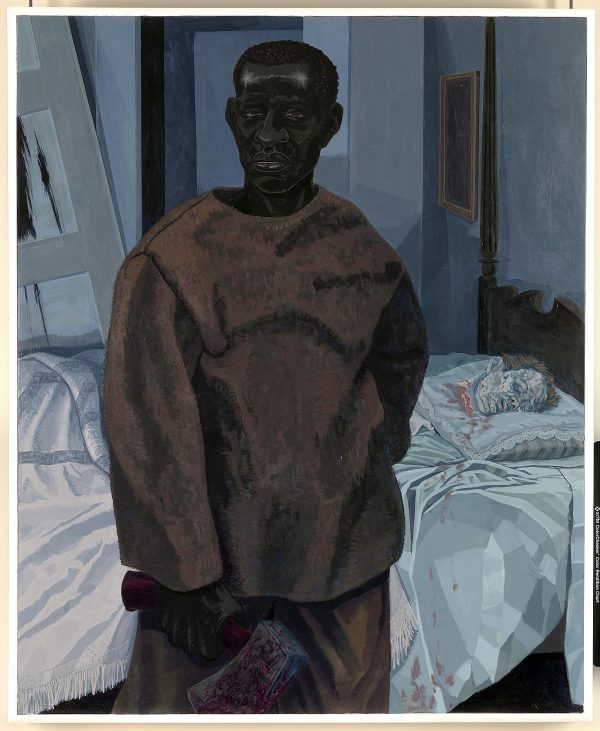 Painting of a man with dark brown skin wearing a light brown shirt and pants in a dimly lit room holding a bloody axe.