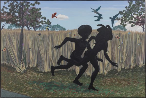 Two black silhouettes running near a tall fence of grass