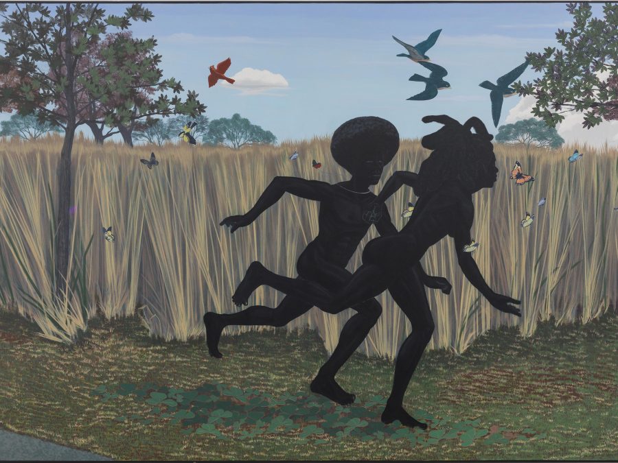 Two black silhouettes running near a tall fence of grass