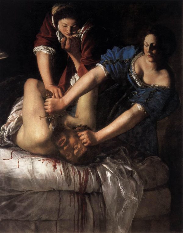 Dramatically lit painting of two women cutting off a man's head, blood dripping on the white sheets