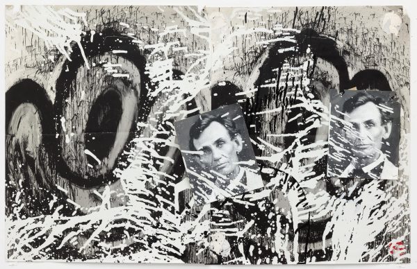 A collage on paper featuring two sets of black and white cartoonish eyes and mouths, on top of which are affixed two photographs of a young Abraham Lincoln, the whole composition splattered with drips of black and white paint.