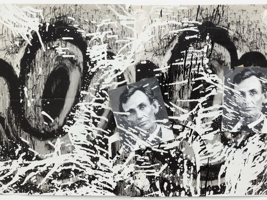 A collage on paper featuring two sets of black and white cartoonish eyes and mouths, on top of which are affixed two photographs of a young Abraham Lincoln, the whole composition splattered with drips of black and white paint.