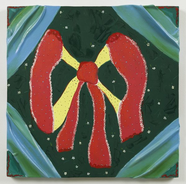 A red and yellow bow framed in a greenish-blue diamond shape against a black background with white dots