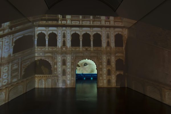 The facade of a temple in ruins is projected onto three walls. A scalloped doorway in the middle reveals a close-up projection of a monkey's face in the room beyond.