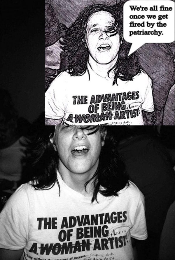 A black-and-white photograph of a woman wearing a T-shirt that says 
