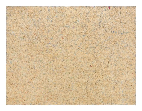 A rectangular, primarily beige surface is mottled with many other small areas of color, including light blue, light purple, light green, orange, and crimson.