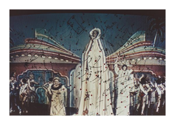 A tall, human-like form wearing white robes, is surrounded by multiple other humanoid figures Dozens of marks including arrows, dark red dots, and numbers appear to be hand-drawn over the image.