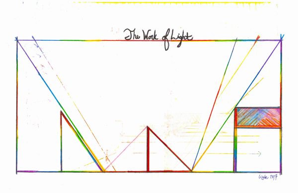 Rainbow-hued straight lines on a white page intersect, forming a rectangular frame and geometric shapes and arrows. Black, cursive text above reads
