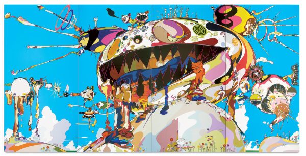 A brightly colored landscape with a giant multi-colored humunculous sitting on top of a hill, its open mouth revealing jagged teeth, seeping fluids while pustules explode from other parts of its ovoid head.