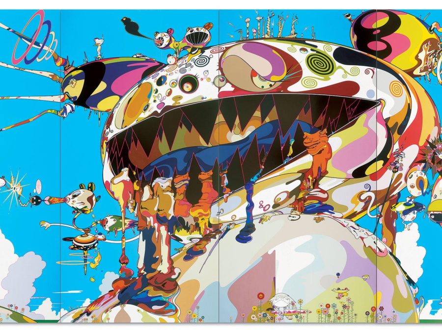 A brightly colored landscape with a giant multi-colored humunculous sitting on top of a hill, its open mouth revealing jagged teeth, seeping fluids while pustules explode from other parts of its ovoid head.