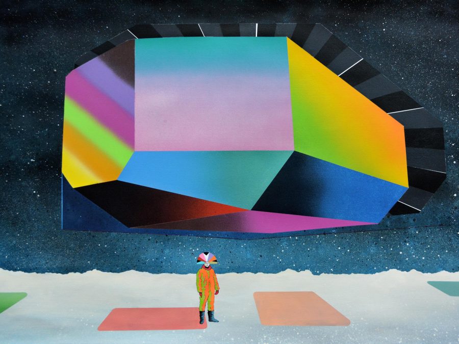 A colorful geometric shape against a starry background floats above a figure wearing a bright orange-and-green jumpsuit and a colorful semi-circular headdress.
