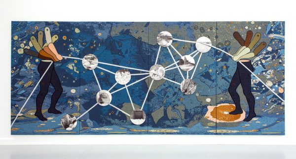 Two human half-figures hold a line connecting a constellation of circles over a blue marbled background.