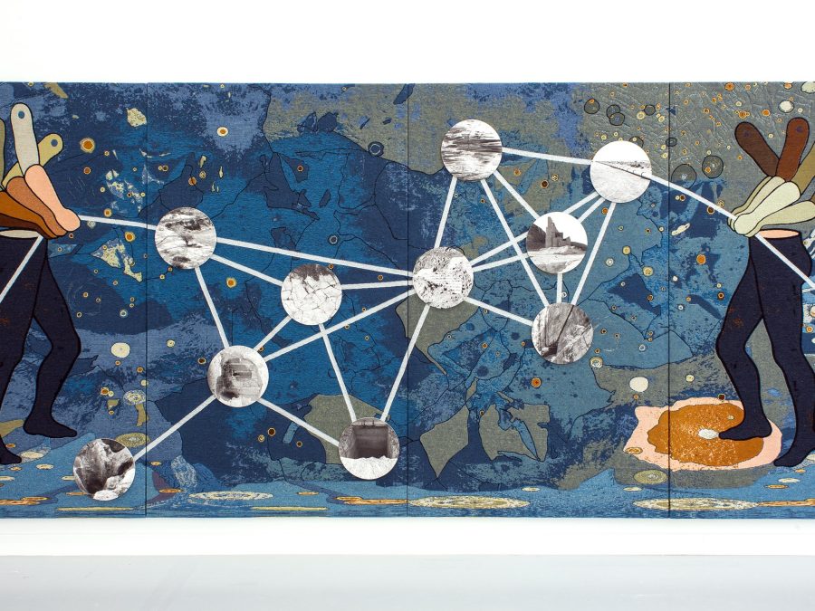 Two human half-figures hold a line connecting a constellation of circles over a blue marbled background.