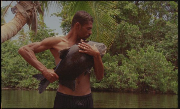 A man with tan skin and muscled arms holds a large fish to his bare chest. A palm tree and lush greenery line a body of water behind him.