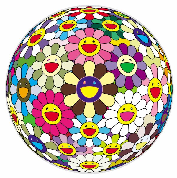 A sphere is covered with illustrated flowers with joyous faces in various colors.