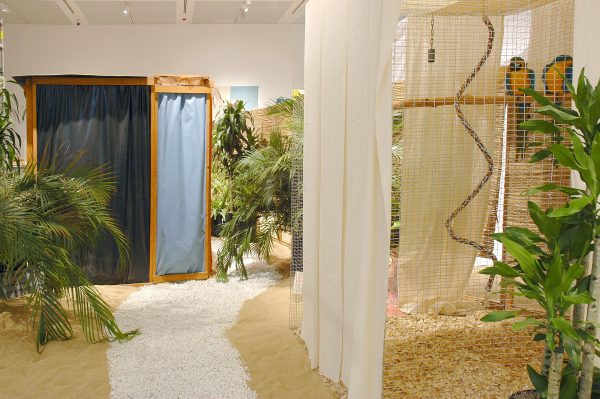 A path in the sand leads past a cage with two parrots in it toward a doorway with blue fabric blocking it and plants dotted throughout